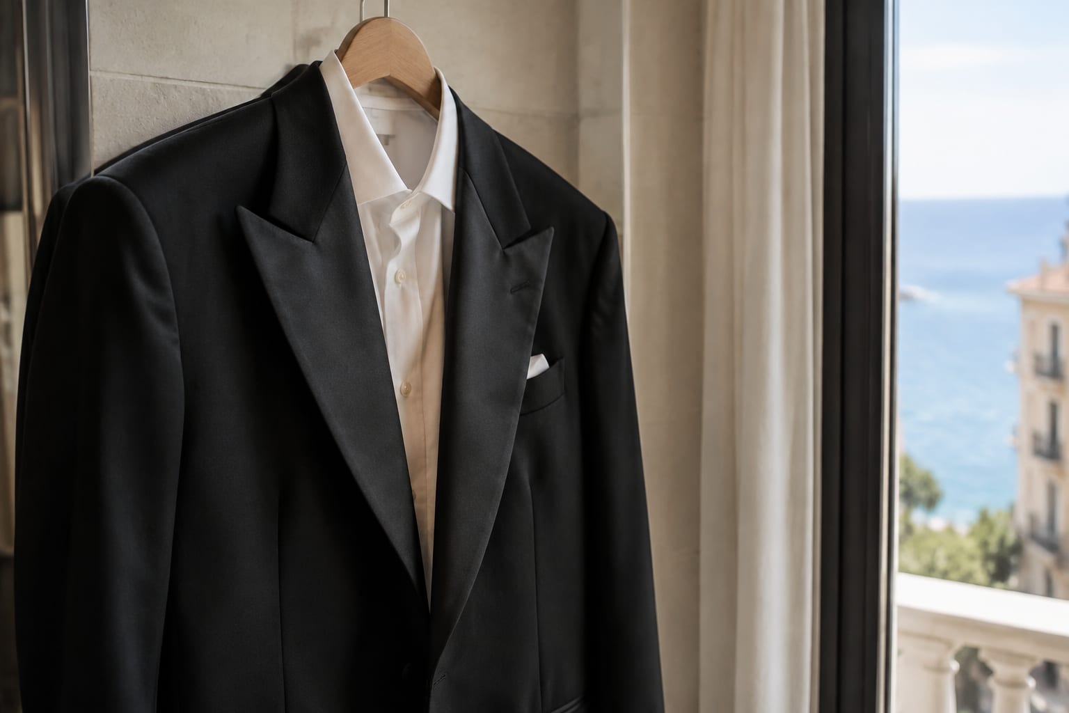 Un costum elegant masculin expus într-un cadru de vacanță mediteraneană