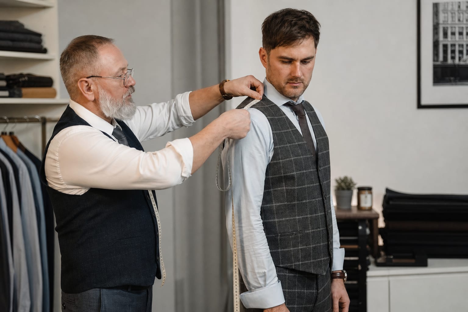 Croitor măsurând un costum pe măsură